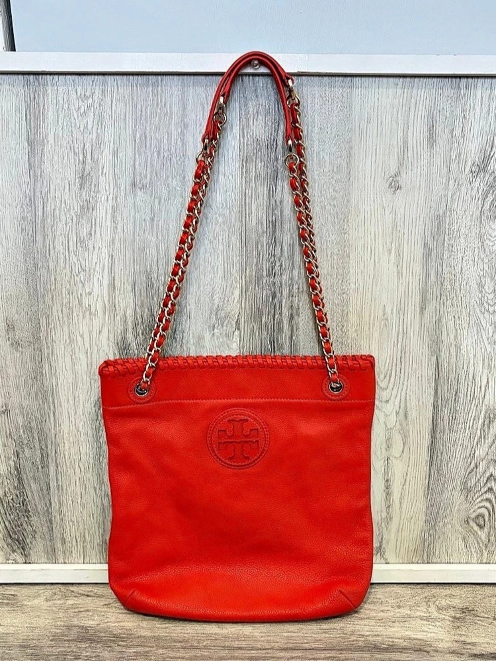 Tory Burch orange Marion Leather Book Bag Handbag Chain Leather Excellent